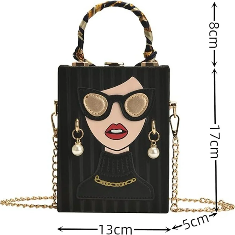 🔥Chic Fashion Lady Face Trendy Box Handbag w/Pearl Earrings Scarf Twilly Handle - Picture 10 of 10